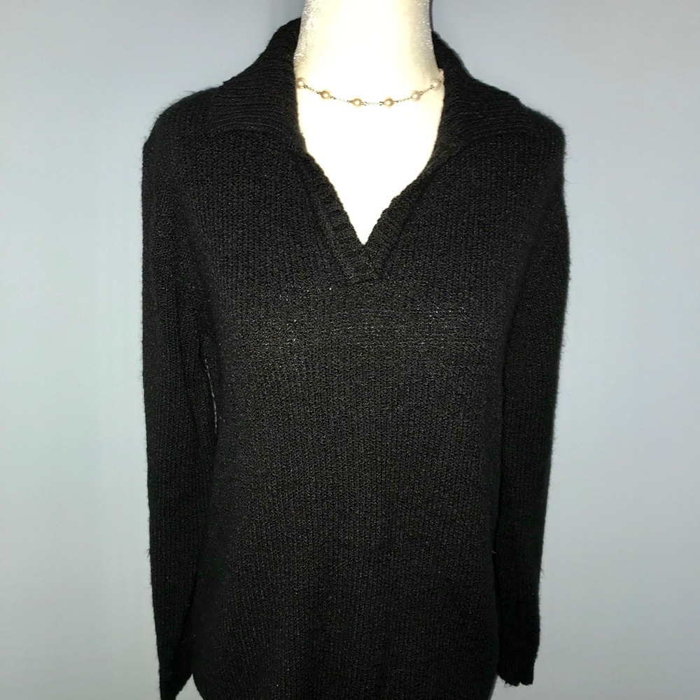 Black V-Neck Open Collar Knit Sweater